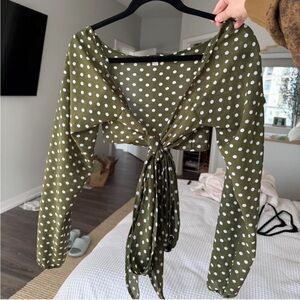 Cotton Candy Olive Polka Dot Tie-Front Cropped Blouse